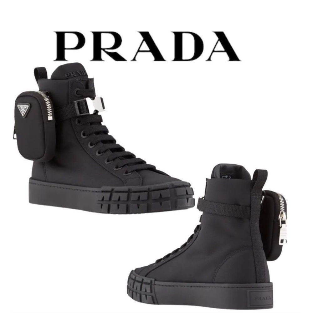 PRADA Wheel Re-Nylon Zip Pouch Black High-Top Sneakers with Mini Side Pouch - Picture 1 of 9